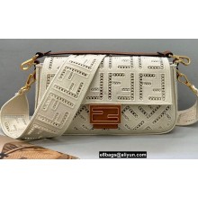 Fendi Medium Baguette Canvas Bag White with Embroidery 2021