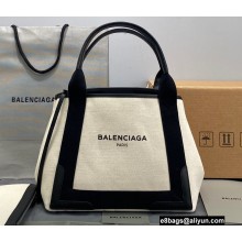 Balenciaga Navy Small Cabas Tote Bag in Cotton Canvas and Calfskin Black/Light Beige 2021