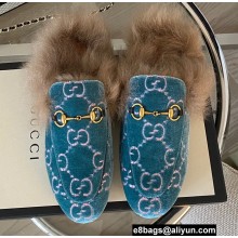 Gucci Wool Fur Horsebit Princetown Slippers GG Velvet Blue 2022