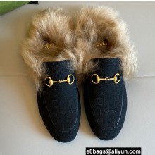 Gucci Wool Fur Horsebit Princetown Slippers 100 Black Felt 2022