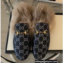Gucci Wool Fur Horsebit Princetown Slippers GG Canvas Black 2022