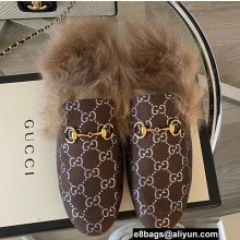 Gucci Wool Fur Horsebit Princetown Slippers GG Canvas Coffee 2022