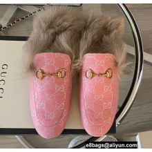 Gucci Wool Fur Horsebit Princetown Slippers GG Canvas Pink 2022