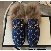 Gucci Wool Fur Horsebit Princetown Slippers GG Canvas Dark Blue 2022