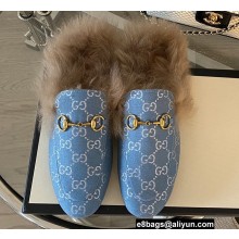 Gucci Wool Fur Horsebit Princetown Slippers GG Canvas Light Blue 2022