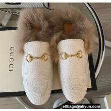 Gucci Wool Fur Horsebit Princetown Slippers GG Canvas White 2022