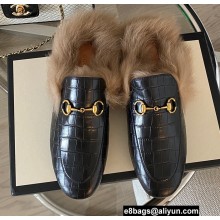 Gucci Wool Fur Horsebit Princetown Slippers Croco Pattern Black 2022