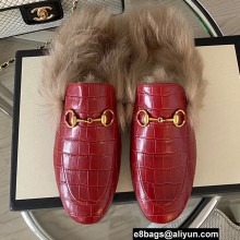 Gucci Wool Fur Horsebit Princetown Slippers Croco Pattern Red 2022