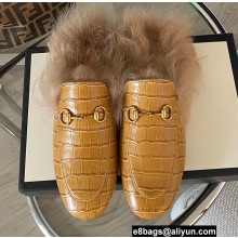 Gucci Wool Fur Horsebit Princetown Slippers Croco Pattern Yellow 2022