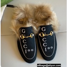Gucci Wool Fur Horsebit Princetown Slippers 100 Black/White Felt 2022
