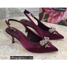 Dolce & Gabbana Heel 6.5cm Slingback Pumps Satin Burgundy with Crystal Bow 2021