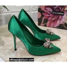 Dolce & Gabbana Heel 10.5cm Pumps Satin Green with Crystal Bow 2021