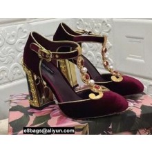 Dolce & Gabbana Painted Heel 10.5cm T-strap Pumps Velvet Burgundy 2021