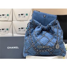 Chanel Stitched Denim & Silver-Tone Metal Blue 22 Small Handbag AS3260 2024(original quality)