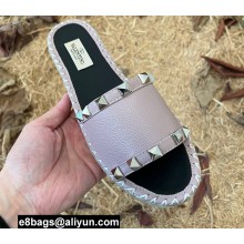 Valentino Grainy Calfskin Leather Rockstud Espadrilles Slide Sandals Dusty Pink 2022