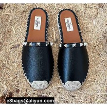 Valentino Grainy Calfskin Leather Rockstud Espadrilles Mules Sandals Black 2022