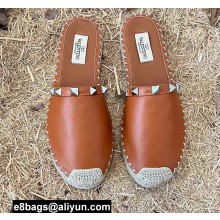Valentino Grainy Calfskin Leather Rockstud Espadrilles Mules Sandals Brown 2022