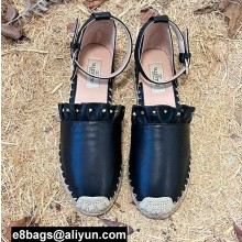 Valentino Studded Ruffled Leather Espadrilles Sandals Black 2022