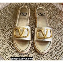 Valentino Leather Vlogo Espadrilles Slide Sandals Light Gold 2022