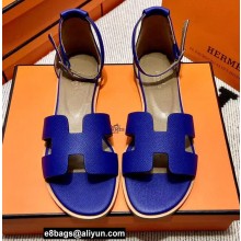 Hermes Epsom Calfskin Santorini Sandals Handmade Blue
