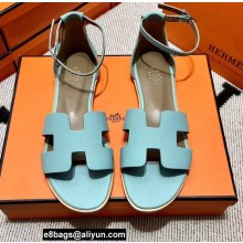 Hermes Epsom Calfskin Santorini Sandals Handmade Light Blue