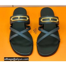 Hermes Roulis Buckle Claire Sandals Dark Blue