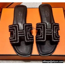 Hermes suede goatskin with rhinestone Oran Sandals Black