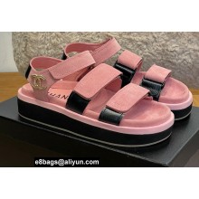 Chanel CC Logo Suede Velcro Sandals Pink 2022