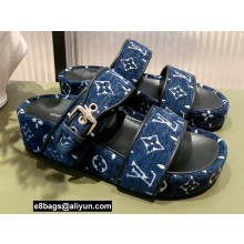 Louis Vuitton Monogram Velvet Jumbo Flatform Mules Dark Blue 2022