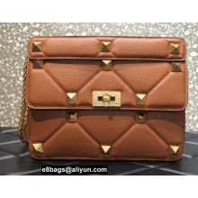 Valentino Grainy Calfskin Large Roman Stud Chain Bag Brown 2022