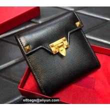Valentino Rockstud Alcove Grainy Calfskin Compact Wallet Black 2022