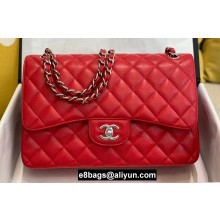 Chanel Large/Jumbo Classic Flap Handbag A58600 in Caviar Leather with Edge Stitching Red/Silver