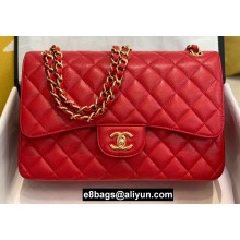 Chanel Large/Jumbo Classic Flap Handbag A58600 in Caviar Leather with Edge Stitching Red/Gold