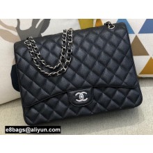 Chanel Maxi Classic Flap Handbag A58601 in Caviar Leather with Edge Stitching Black/Silver