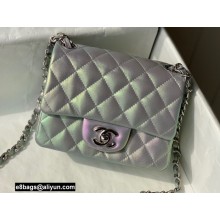 Chanel Mini Classic Flap Handbag A35200 in Lambskin Rainbow Pearl Silver
