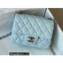 Chanel Mini Classic Flap Handbag A01115 in Caviar Leather with Edge Stitching Pale Blue/Silver