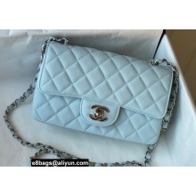 Chanel Small Classic Flap Handbag A01116 in Caviar Leather with Edge Stitching Pale Blue/Silver
