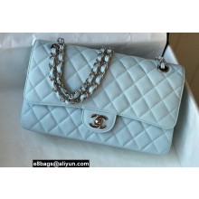 Chanel Medium Classic Flap Handbag A01112 in Caviar Leather with Edge Stitching Pale Blue/Silver