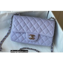 Chanel Small Classic Flap Handbag A01116 in Caviar Leather with Edge Stitching Lavender/Silver