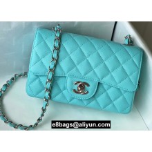 Chanel Small Classic Flap Handbag A01116 in Caviar Leather with Edge Stitching Tiffany Blue/Silver