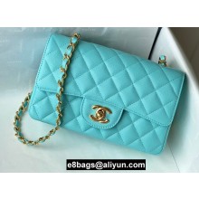 Chanel Small Classic Flap Handbag A01116 in Caviar Leather with Edge Stitching Tiffany Blue/Gold