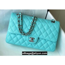 Chanel Medium Classic Flap Handbag A01112 in Caviar Leather with Edge Stitching Tiffany Blue/Silver