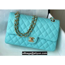 Chanel Medium Classic Flap Handbag A01112 in Caviar Leather with Edge Stitching Tiffany Blue/Gold