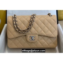 Chanel Large/Jumbo Classic Flap Handbag A58600 in Caviar Leather with Edge Stitching Beige/Silver