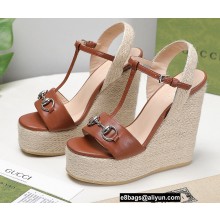 Gucci Platform 4cm Heel 13cm Wedge Sandals Leather Brown with Horsebit