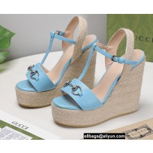 Gucci Platform 4cm Heel 13cm Wedge Sandals Leather Sky Blue with Horsebit