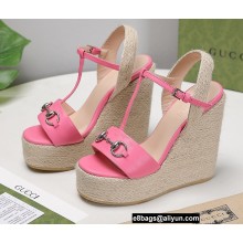 Gucci Platform 4cm Heel 13cm Wedge Sandals Leather Pink with Horsebit