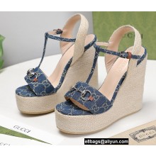 Gucci Platform 4cm Heel 13cm Wedge Sandals GG Blue with Horsebit