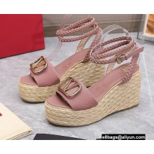 Valentino VLogo Signature Raffia Platform 4cm Heel 11cm Wedge Sandals Dusty Pink