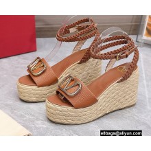 Valentino VLogo Signature Raffia Platform 4cm Heel 11cm Wedge Sandals Brown